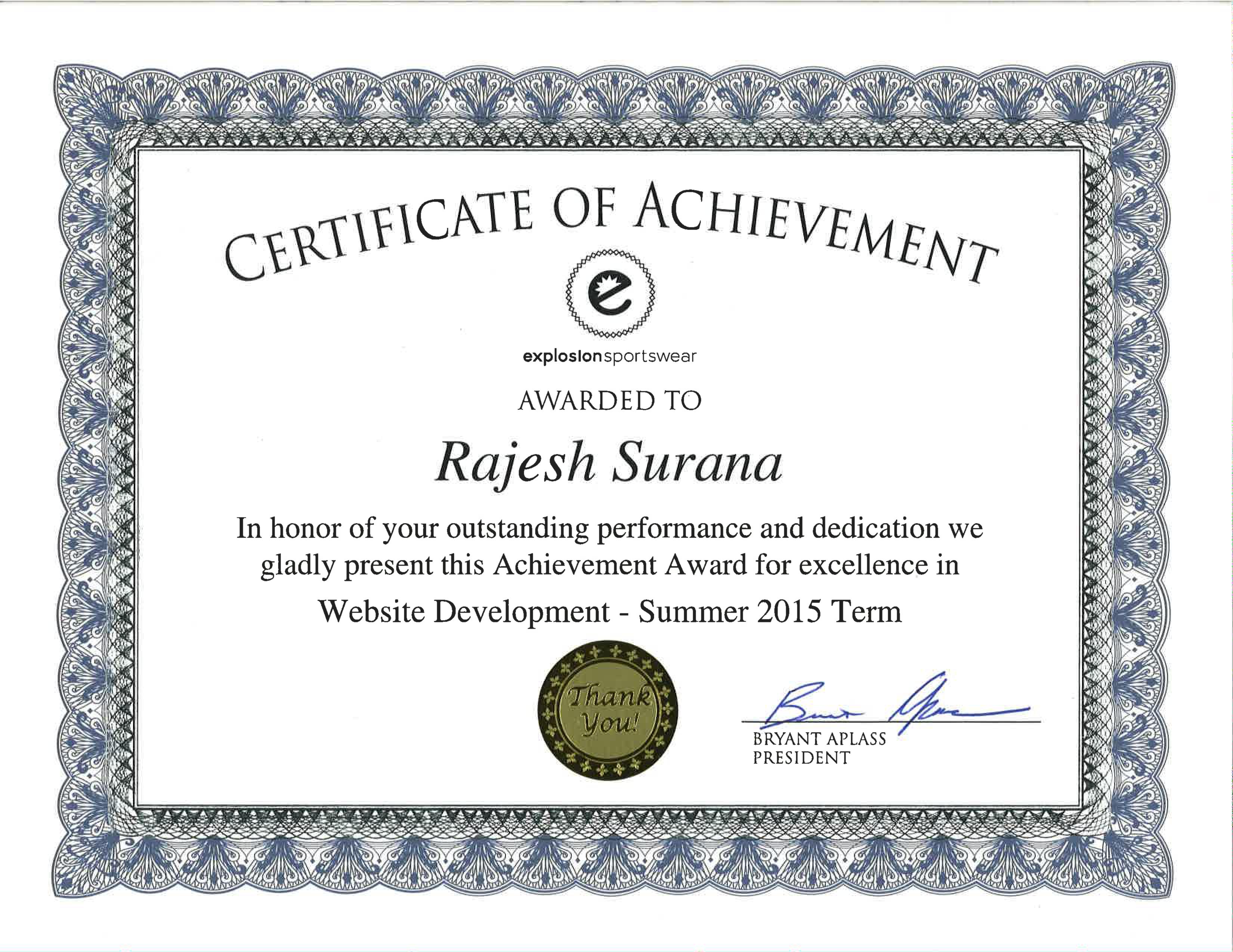 Achivement award for Excellence in Web Development